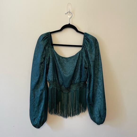Buckle L green bell sleeve blouse Victorian fringe crop top metallic floral boho - Picture 1 of 7
